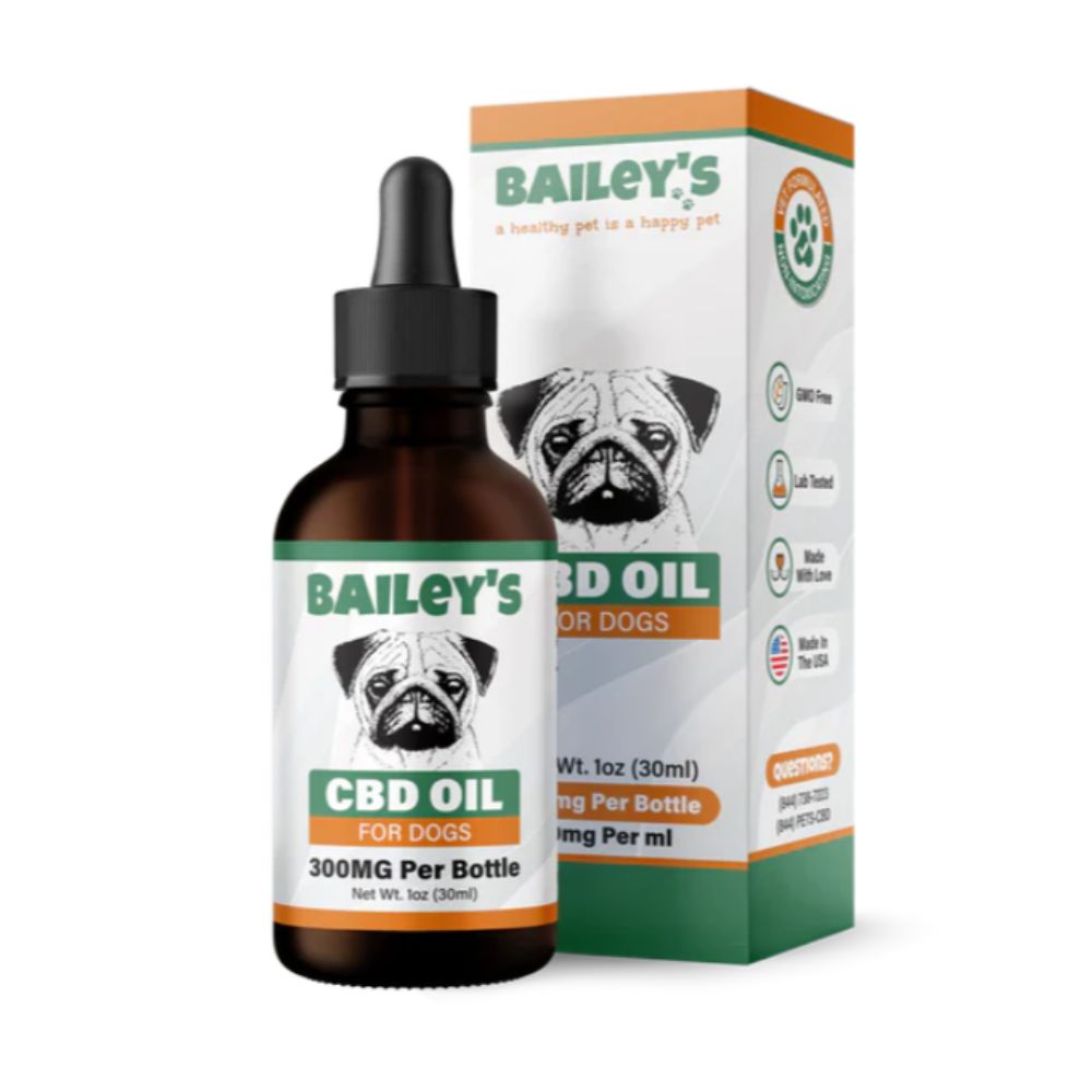 Bailey's The Original CBD Oil for dogs, the 30 mL bottle beside its carton, with 300MG Per Bottle printed on the front label